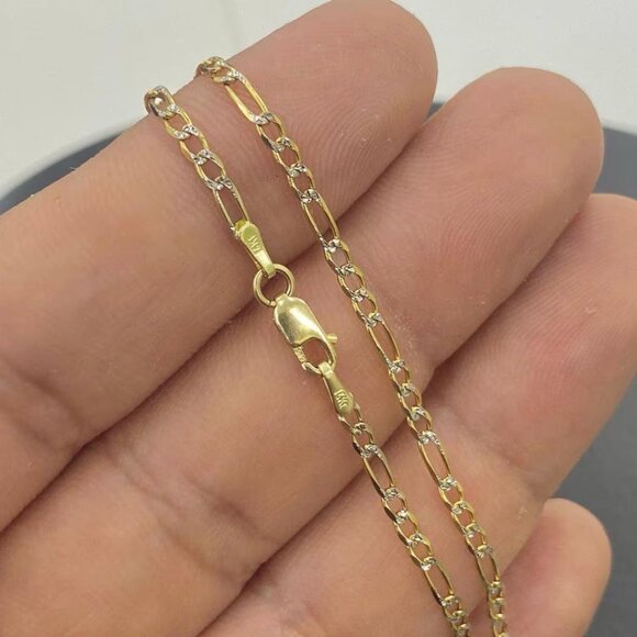 14K Yellow Gold Two Tone Necklace Figaro 24" Chain for Mens Fashion Design Gifts - Picture 3 of 5